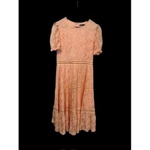 INA Lace Midi Dress Peach Pink Short Sleeve Tiered Sz Large Cottagecore Romantic